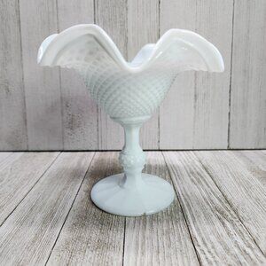 Vtg Light Blue Tone Milk Glass Compote Candy Dish Hobnail Ruffled Pedestal 6''